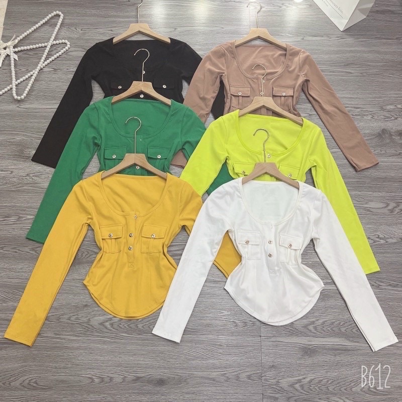 Áo thun body tay dài phối khuy túi ngực