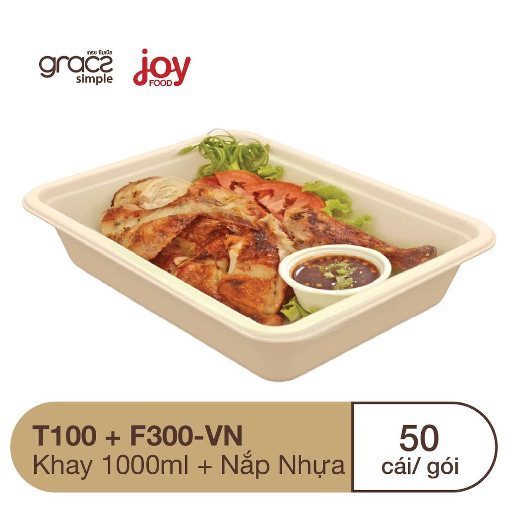 50 khay bã mía Thái Lan 1000ml, khay cơm dùng 1 lần phân hủy sinh học/ Kèm Nắp Nhựa