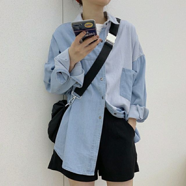 Áo sơ mi denim bò ullzzang phối kẻ thời trang freesize - Có ảnh thật