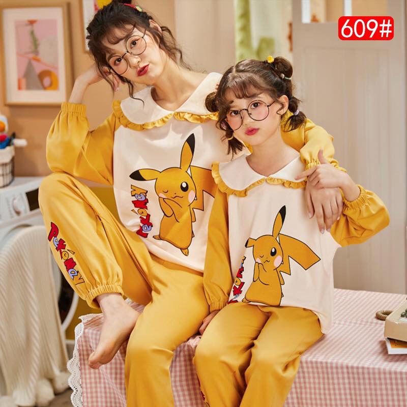 609 bộ dài tay Pikachu vàng mẹ và bé cao cấp mặc nhà vừa dễ thương lại mềm mại dễ chịu