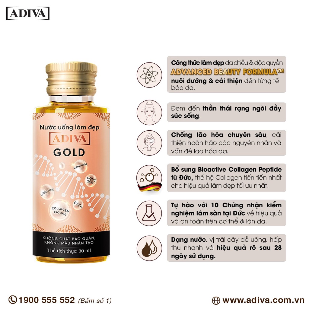 Nước Uống Làm Đẹp Collagen ADIVA Gold 14 lọ Tặng 1 chai Sữa Tắm ADIVA Sweet Memories 400ml