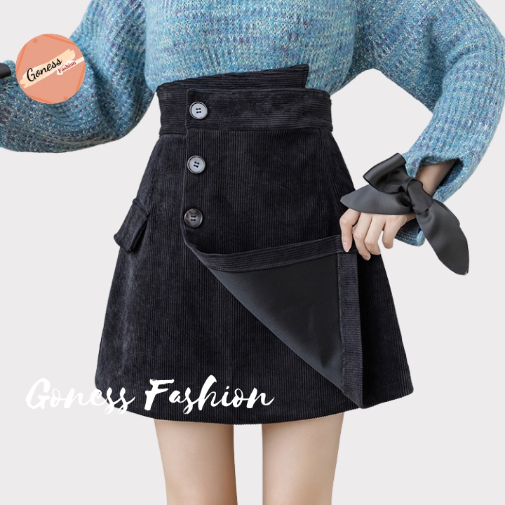 Chân váy ngắn Goness cạp cao vải nhung tăm vạt lệc phối 3 cúc siêu tôn dáng | BigBuy360 - bigbuy360.vn