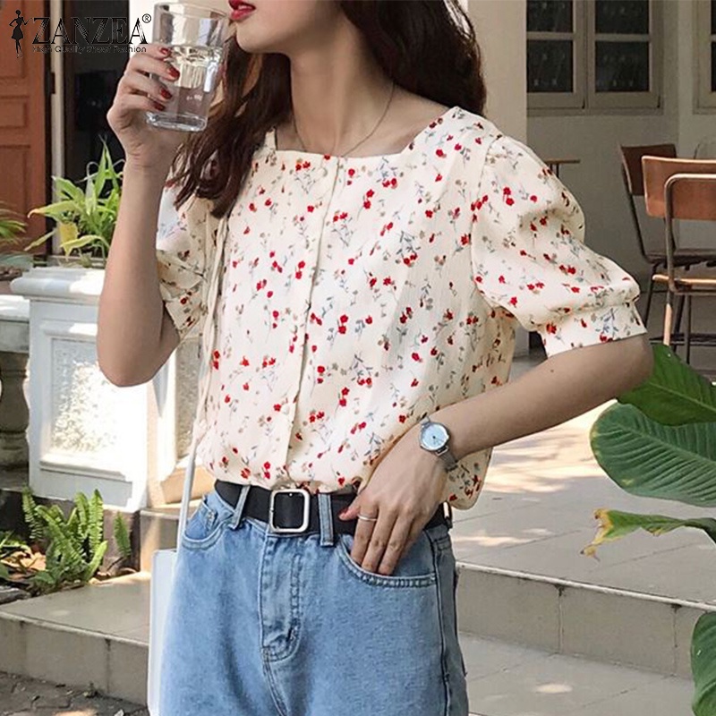 Áo ZANZEA tay phồng cổ vuông dáng rộng thời trang Hàn Quốc cho phái nữ