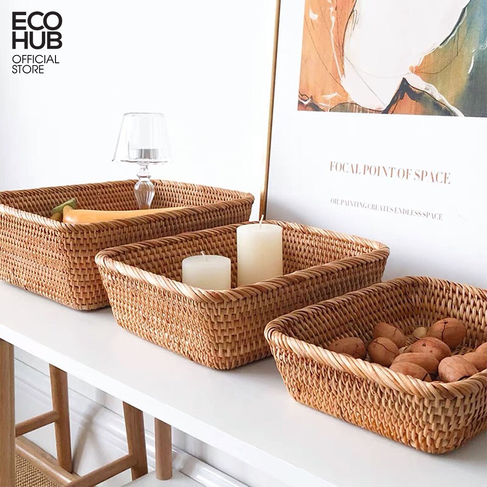 Giỏ mây ECOHUB hình chữ nhật đáy vát đựng hoa quả, bánh kẹo (Rectangular Rattan Basket With Beveled Bottom)