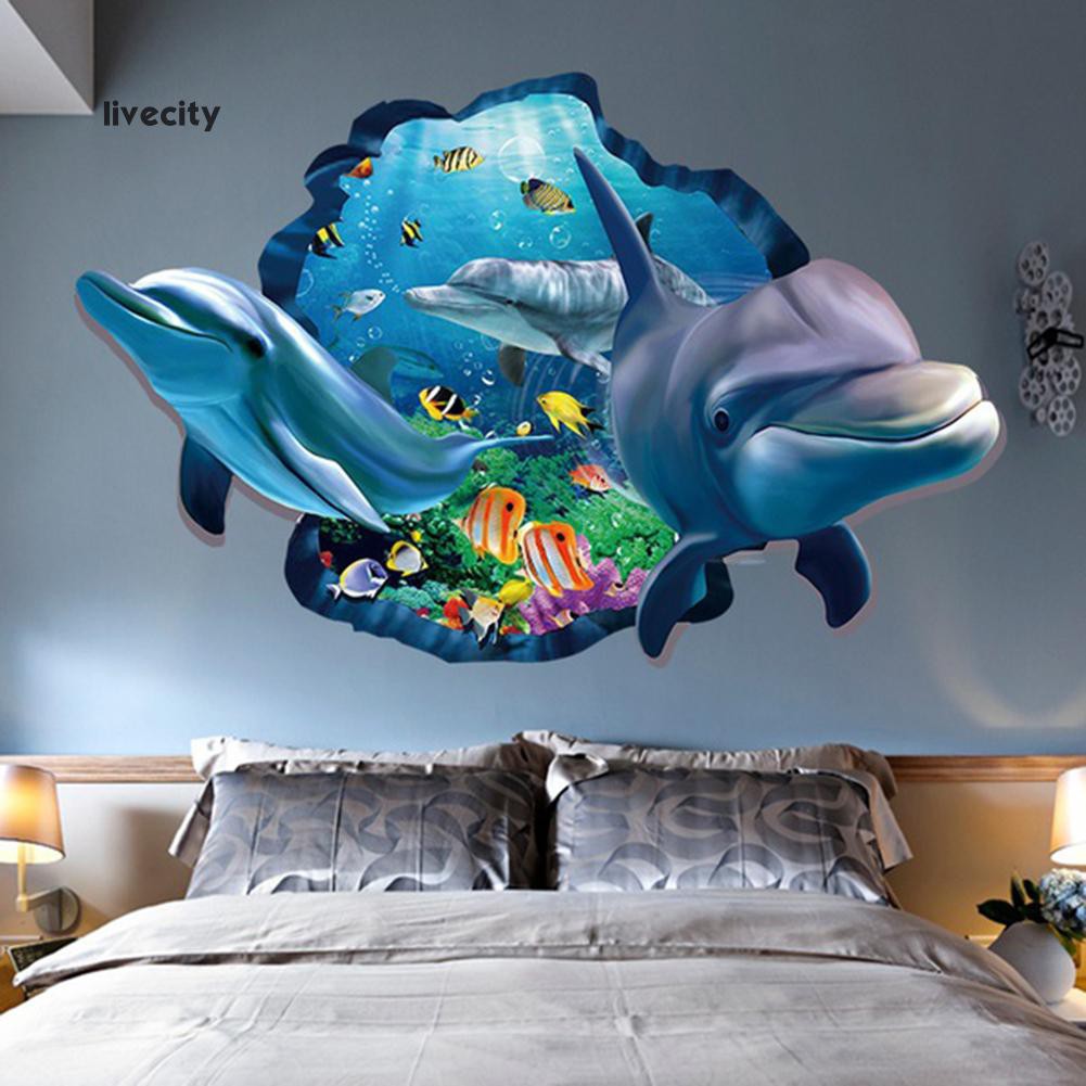 Sticker dán tường họa tiết hình con cá heo và thế giới dưới nước 60 x 90cm