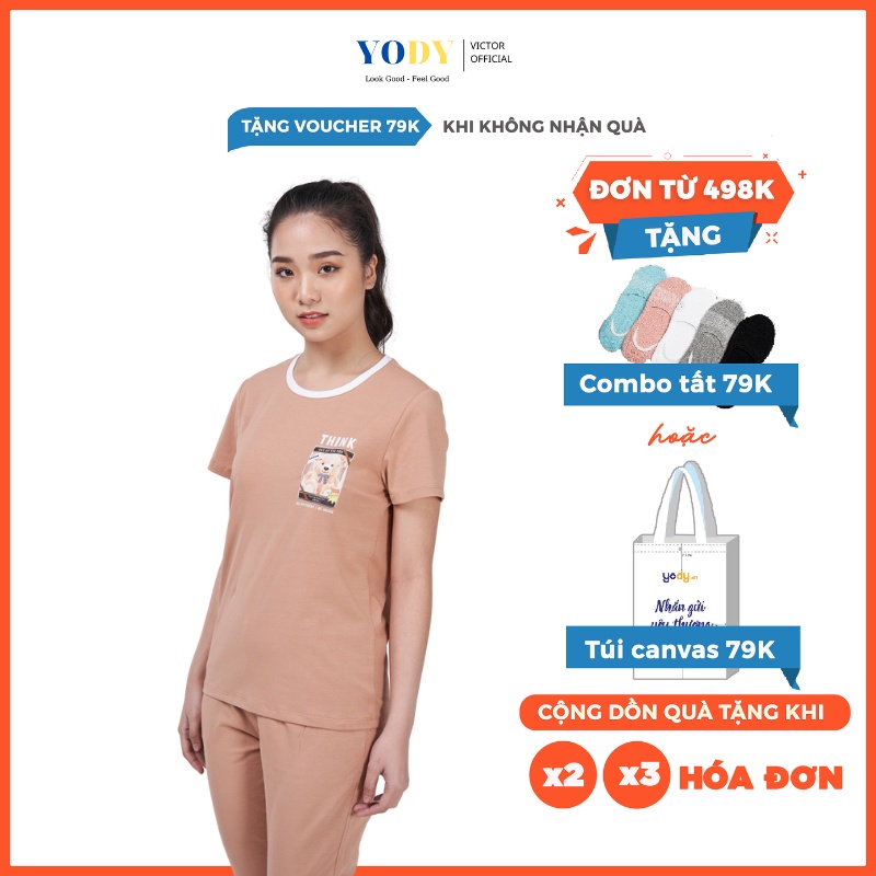 Bộ Đồ Nữ YODY Áo thun Quần lửng Mùa Hè Cotton Co Giãn In Gấu Thoáng Mát Cao Cấp BDN5136