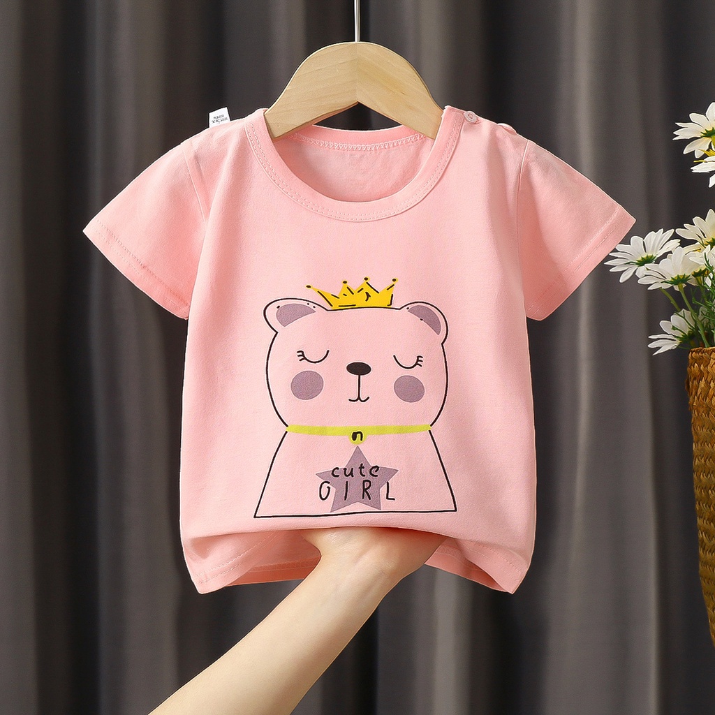 Áo Thun Tay Ngắn Vải Cotton Thiết Kế Dễ Thương Cho Bé Gái Từ 0-7 Tuổi