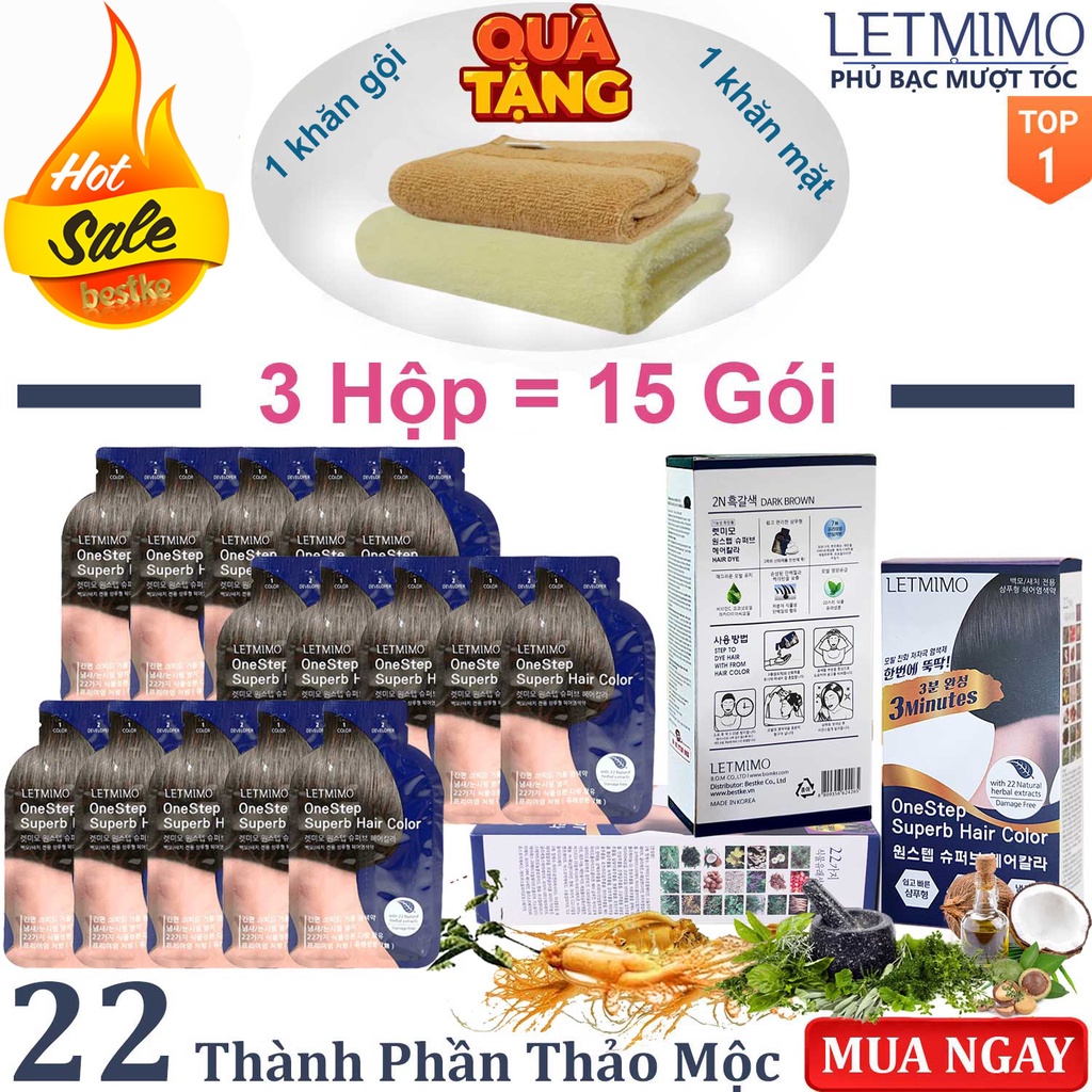 Combo 3 Hộp Nhuộm Tóc LETMIMO màu Nâu Đen_2N, 15 gói + QUÀ TẶNG khăn gội & khăn mặt bestke 83*33 + 48*28cm