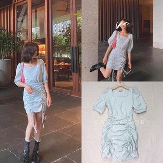 Đầm caro xanh mint nhún dây