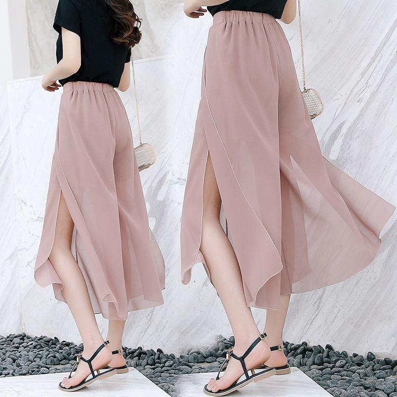 Quần Chiffon Ống Rộng Lưng Cao Xẻ Tà Thời Trang Cho Nữ