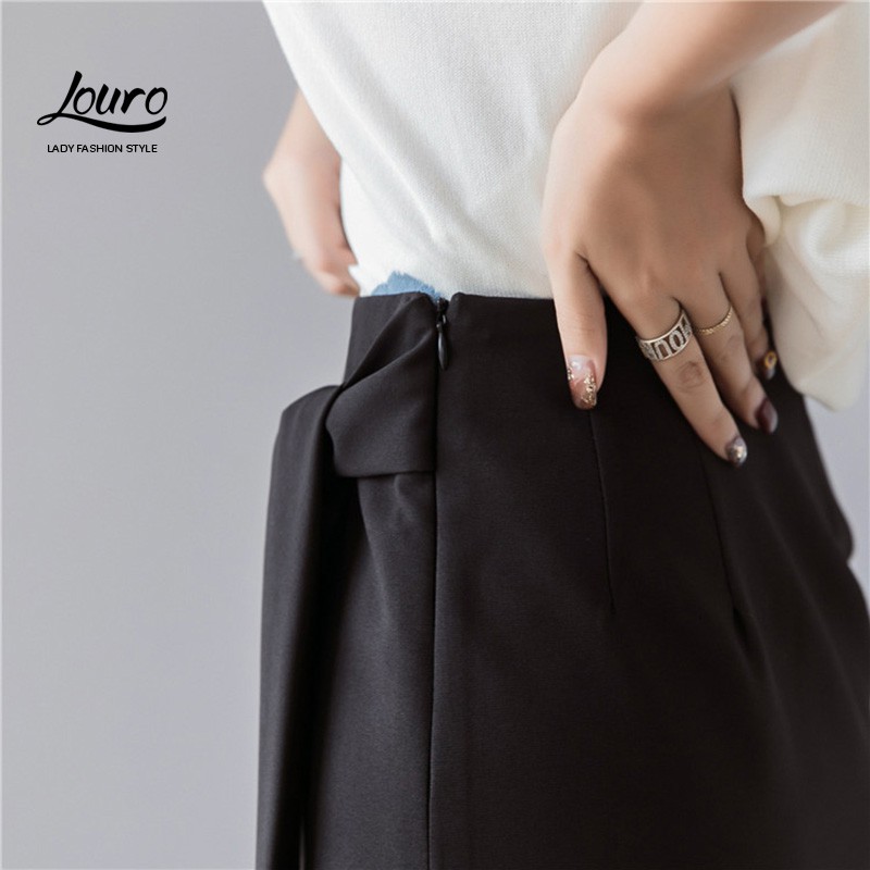 Chân váy công sở đẹp Louro L701, KÈM ẢNH THẬT mẫu váy dáng dài xẻ, thắt nơ eo