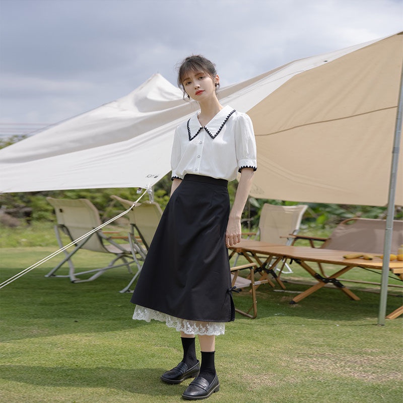 Chân váy đen lưng cao xẻ tà phong cách mùa hè thanh lịch cho nữ