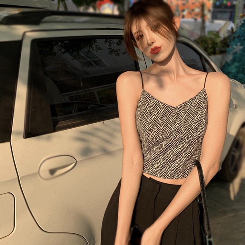 Áo Hai Dây Dệt Kim Cổ Chữ V Dáng Ôm Hoa Văn Kẻ Sọc Thời Trang Dành Cho Nữ