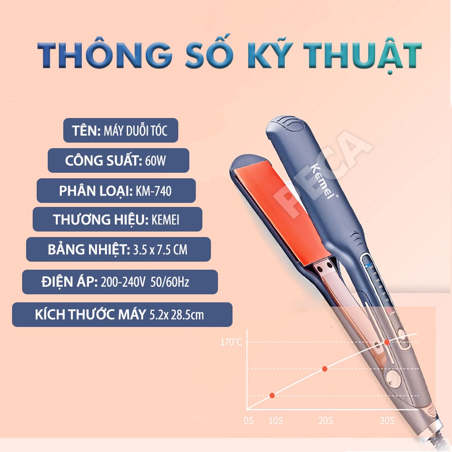 Máy duỗi tóc Kemei KM-740 điều chỉnh 6 mức nhiệt bảng nhiệt to phù hợp sử dụng cho mọi loại tóc có thể là tóc, uốn sóng