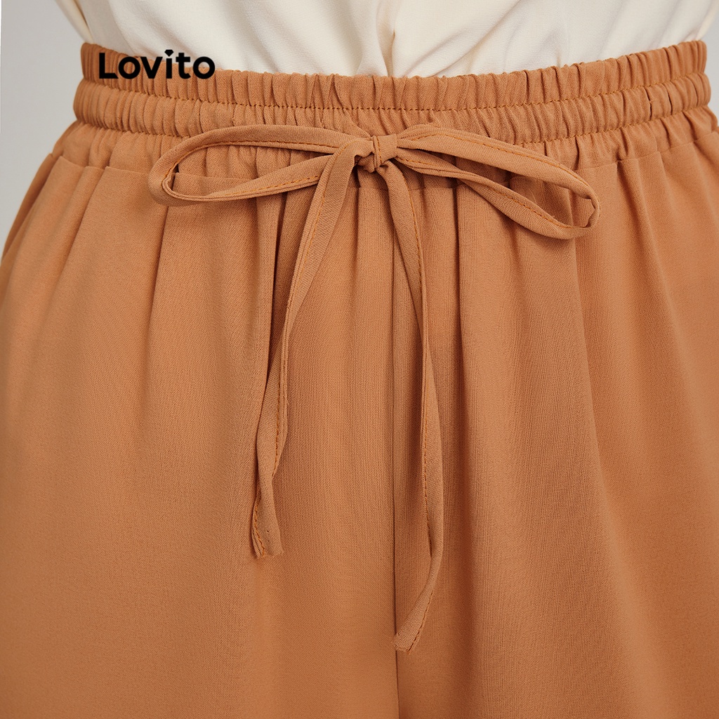 Lovito Quần ống rộng thắt lưng thun trơn vừa phải L24ED111 (Kaki)