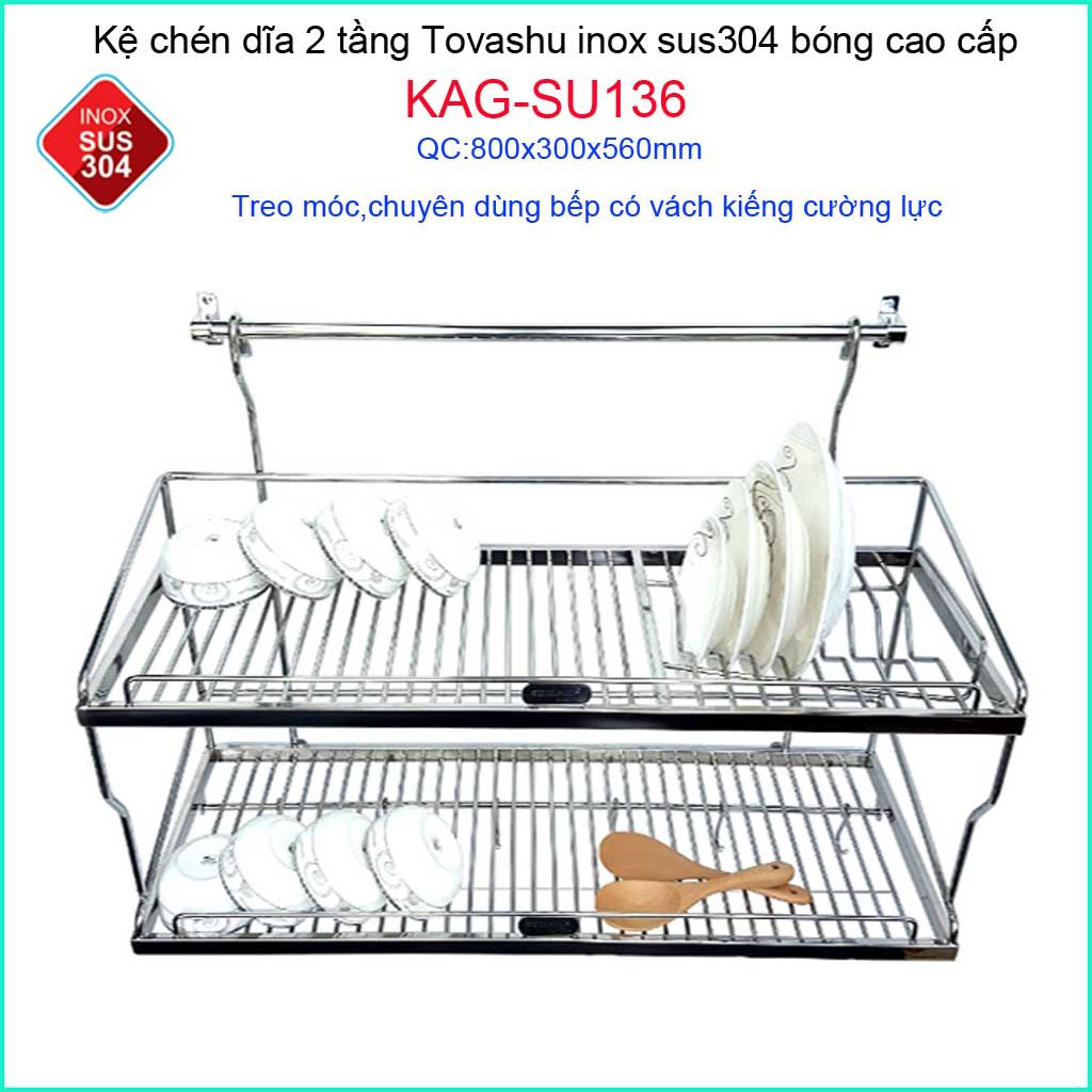 Kệ chén bát Tovashu KAG-SU136-80cm, kệ chén dĩa 2 tầng thanh treo inox hộp SUS304 Nhật Bản cao cấp siêu bền