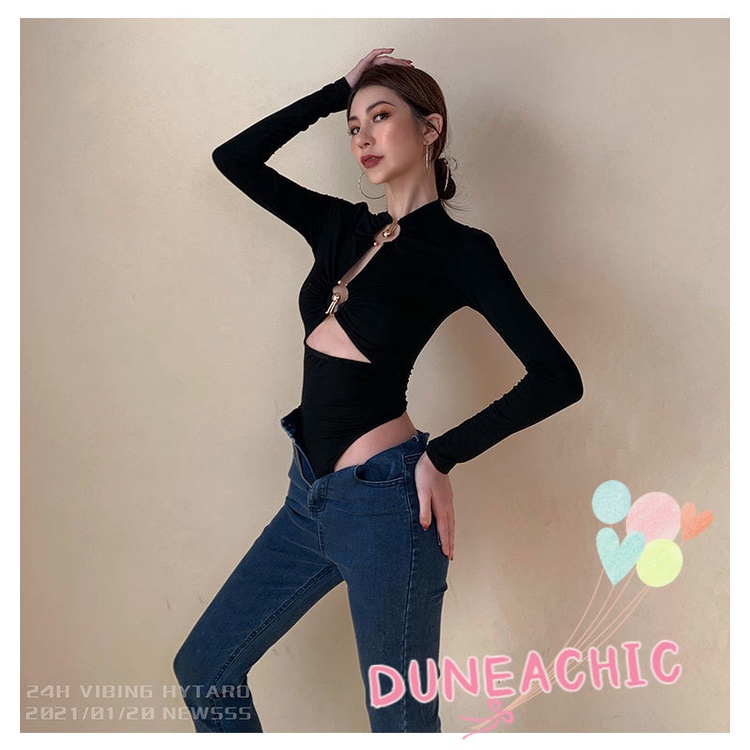 DUNEA Áo liền quần dài tay eo cao phối nút kim loại dành cho nữ