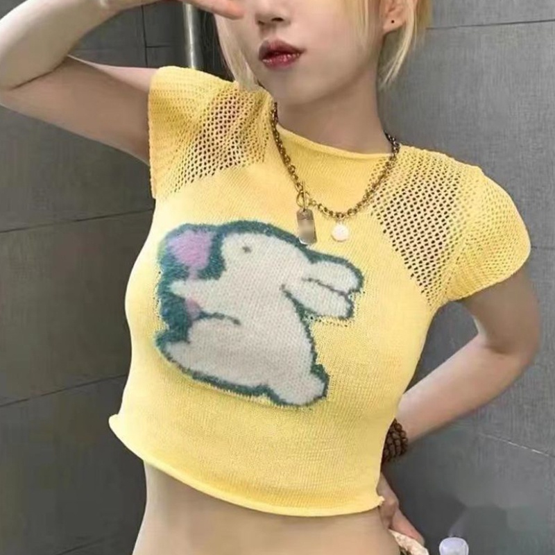 Áo Croptop Dệt Kim Tay Ngắn Dáng Ôm In Hình Thỏ Dễ Thương Cho Nữ