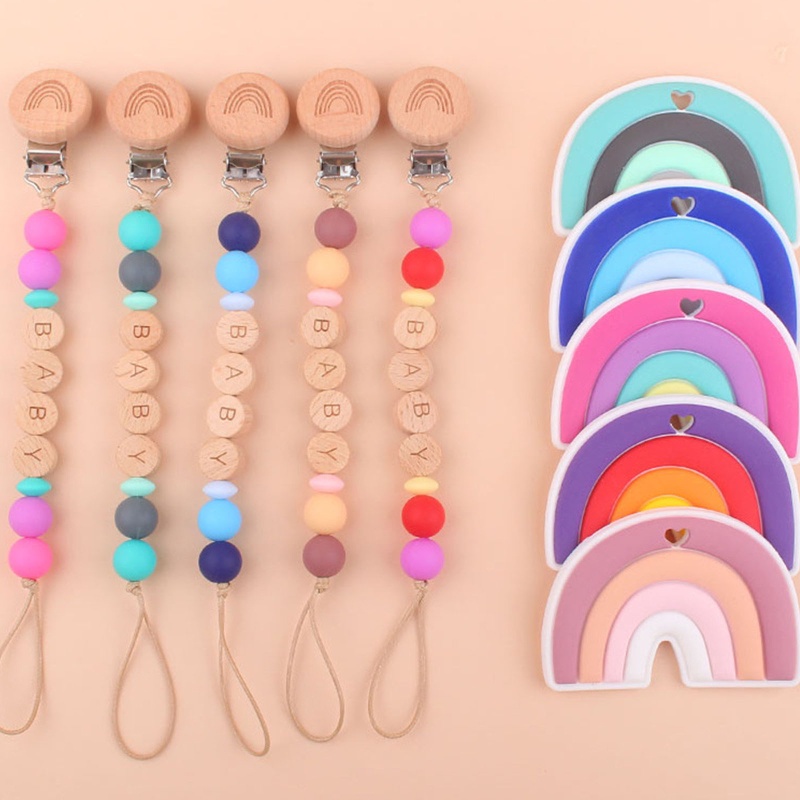 Bộ 2 Dây Kẹp Núm Vú Giả Bằng Silicone Màu Cầu Vồng Cho Bé