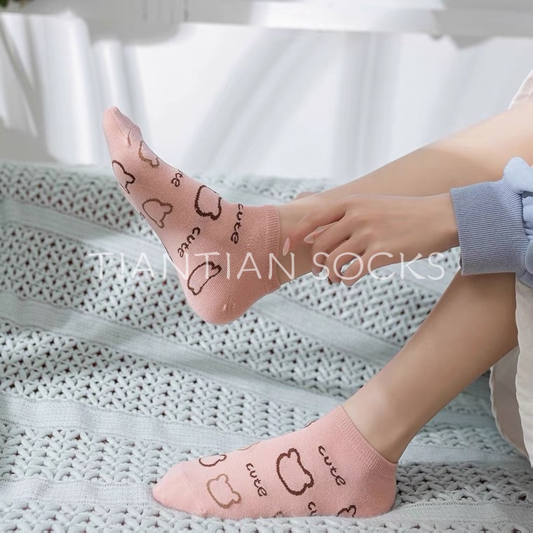 TIAN TIAN T192 Vớ Thể Thao Bằng Cotton Tất ngắn cổ Pu Thoáng Khí In Hình Gấu Hoạt Hình Miệng Nông Phong Cách Nhật Bản Dễ Thương Cho Nữ
