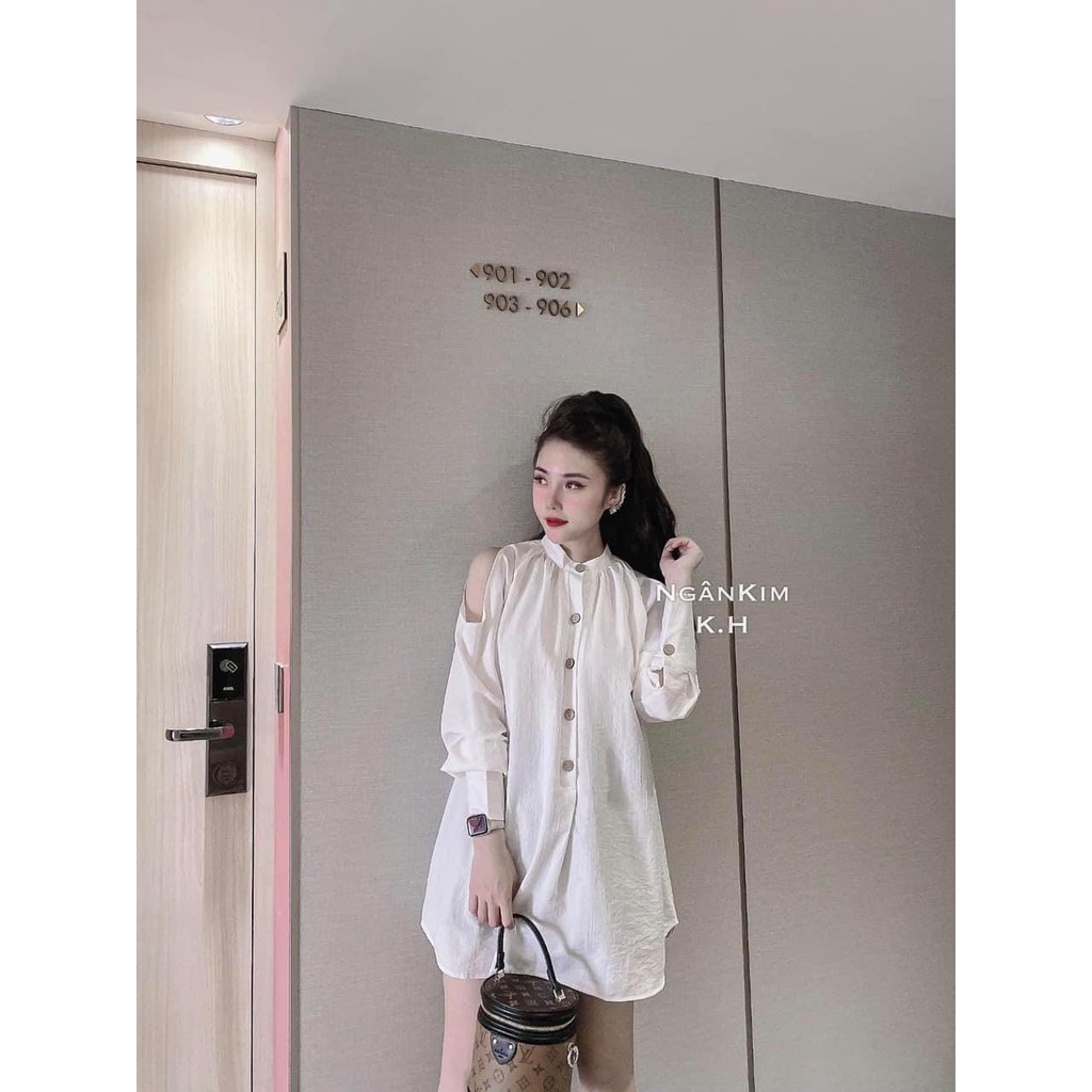 Áo sơ mi trắng hở vai vạt bầu phom rộng dáng suông dễ phối đồ - Váy Sơ mi Hở Vai Sexy, | BigBuy360 - bigbuy360.vn