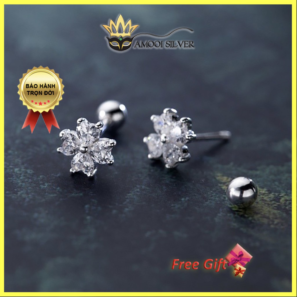 Bông tai bạc S925 cỏ 4 lá trái tim chui vặn - Amooi Silver AB121