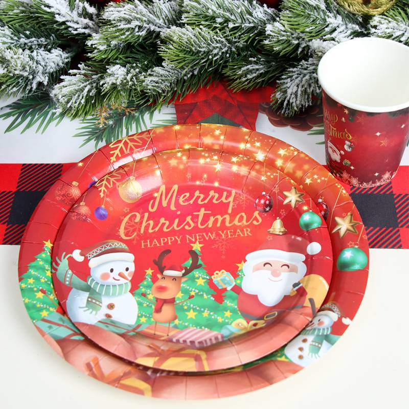 Bộ Cốc Đĩa Dùng Một Lần In Hình Ông Già Noel Màu Đỏ Đen Cổ Điển Dùng Trang Trí Bàn Ăn Dịp Giáng Sinh 2023