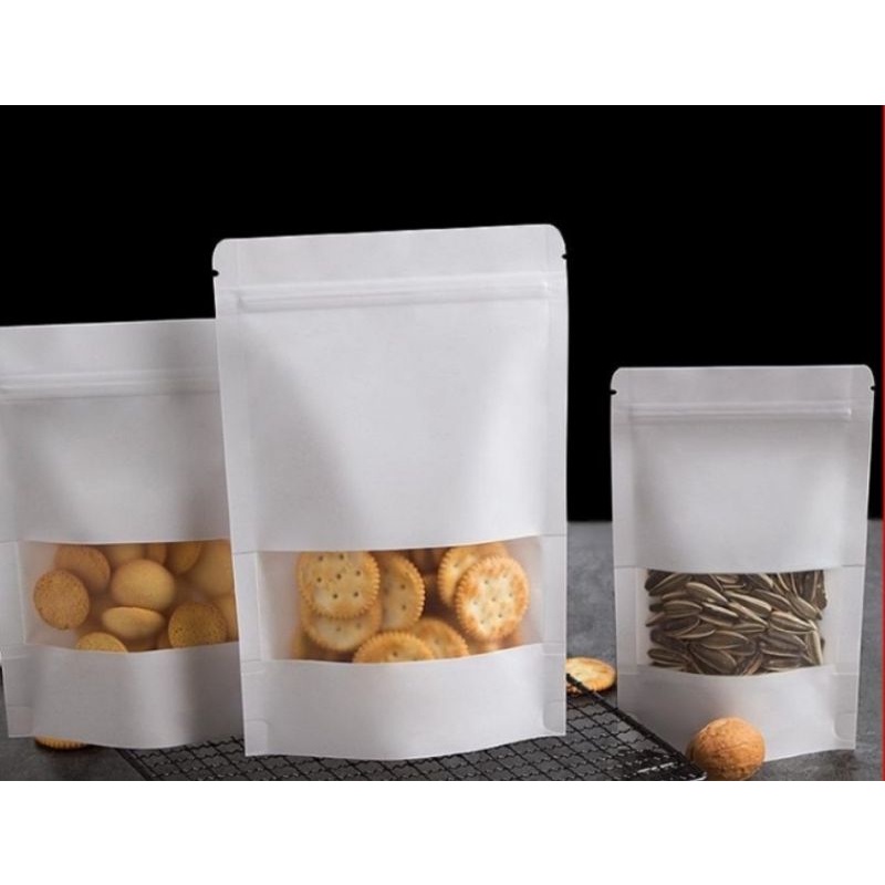 Túi ziper giấy kraft TRẮNG 2 cạnh cửa sổ tràn, có CÁN MÀNG loại đẹp, bóng mịn