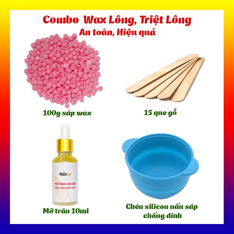 Combo triệt lông sáp wax lông nóng wax bean RAY - 100g sáp, mỡ trăn 10ML, chén silicon nấu sáp wax, 15 que gỗ wax lông