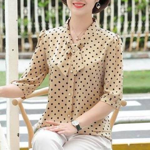 Áo sơ mi chiffon tay ngắn họa tiết chấm bi thời trang cho phụ nữ trung niên