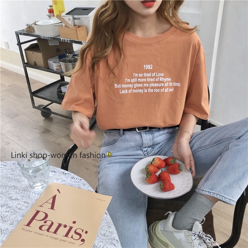 Áo Thun Ngắn Tay In Chữ Đơn Giản Xinh Xắn Cho Nữ