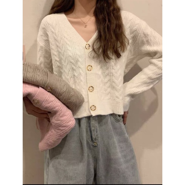 Áo cardigan len crotop Basic phối cúc áo khoác len mịn lông thỏ 3 màu phong cách hàn quốc