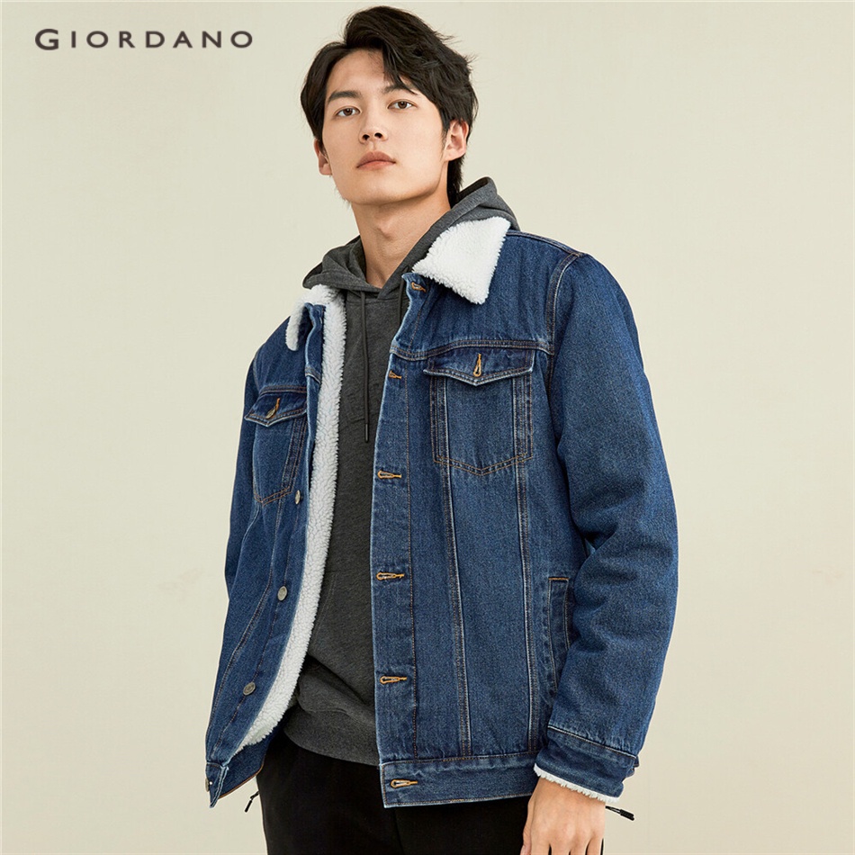 Áo khoác denim GIORDANO 13072885 cổ bẻ vải lông cừu Berber cho nam