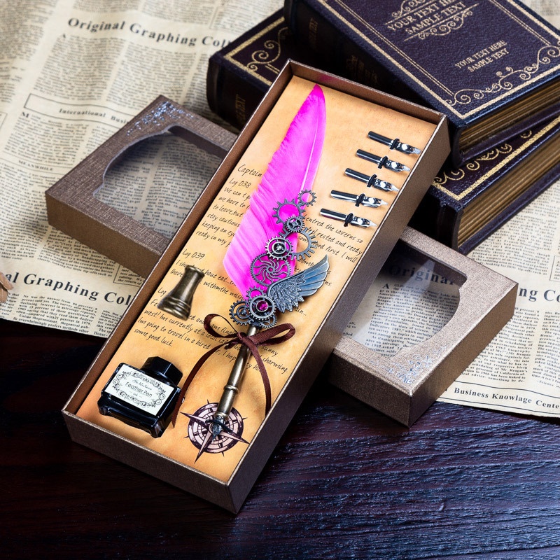 Bộ Bút Máy Kim Loại Mực Nước 5 Ngòi Hình Lông Vũ Phong Cách Vintage Thích Hợp Làm Quà Tặng Sinh Nhật