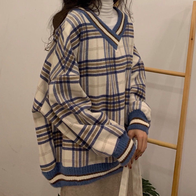 Áo len form rộng họa tiết sọc caro thời trang Hàn quốc