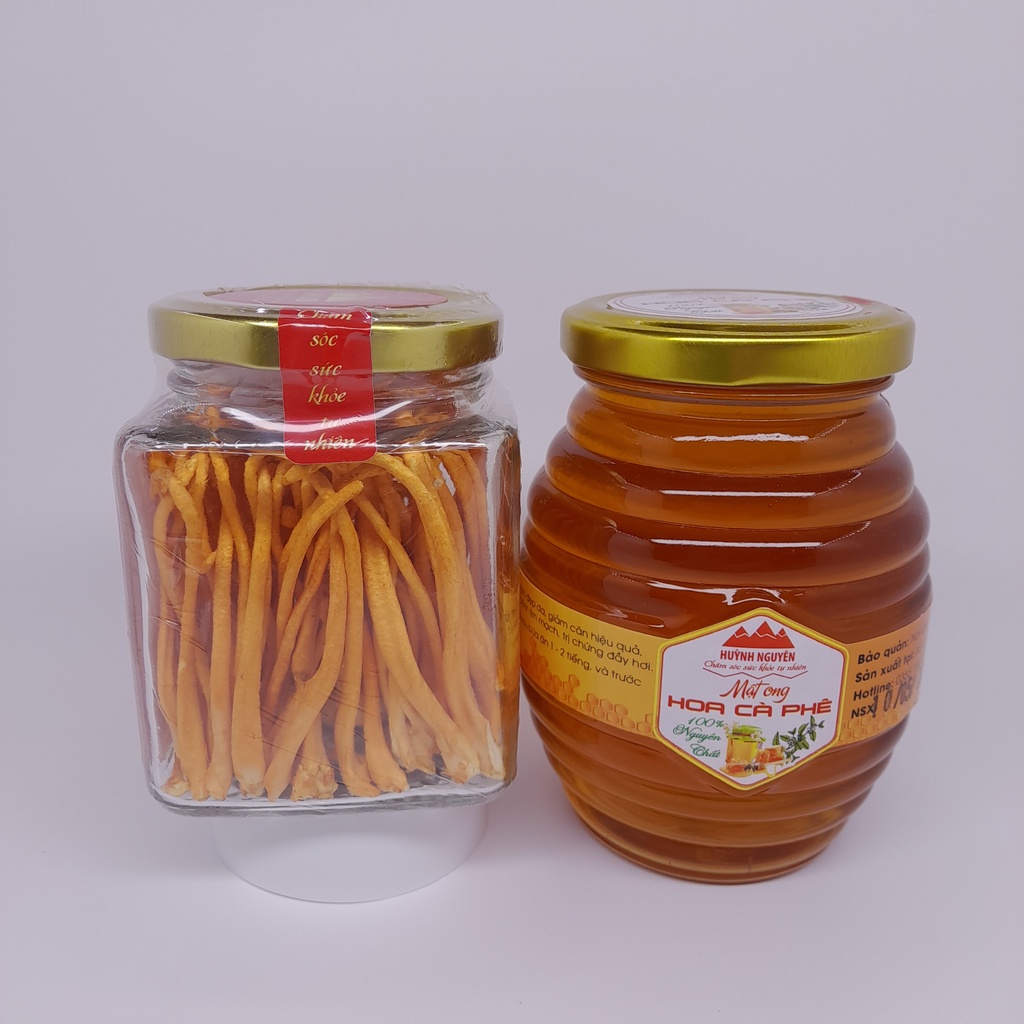 Đông Trùng Hạ Thảo Khô Sấy Thăng Hoa Huỳnh Nguyên loại Cao Cấp hộp 10g và Mật Ong Hoa Cà Phê Nguyên Chất Hủ 350ml