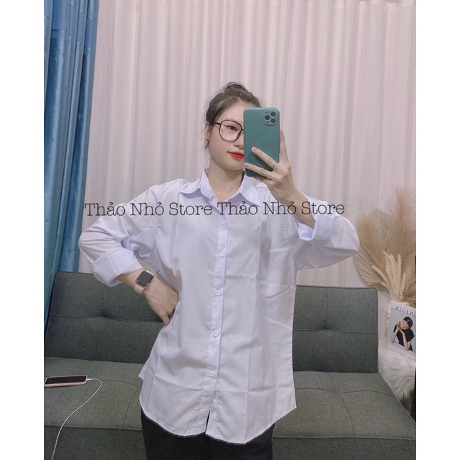 sơmi form rộng tay dài trắng(hình thật shop Thảo Nhỏ Store chụp )