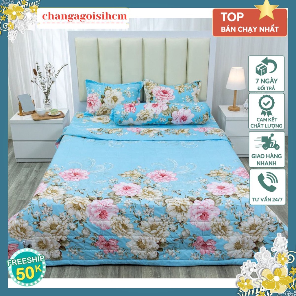 Ga trải giường cotton poly 1m6,1m8,2mx2m2,chọn mẫu thoải mái-MẪU HOA TRÀ XANH