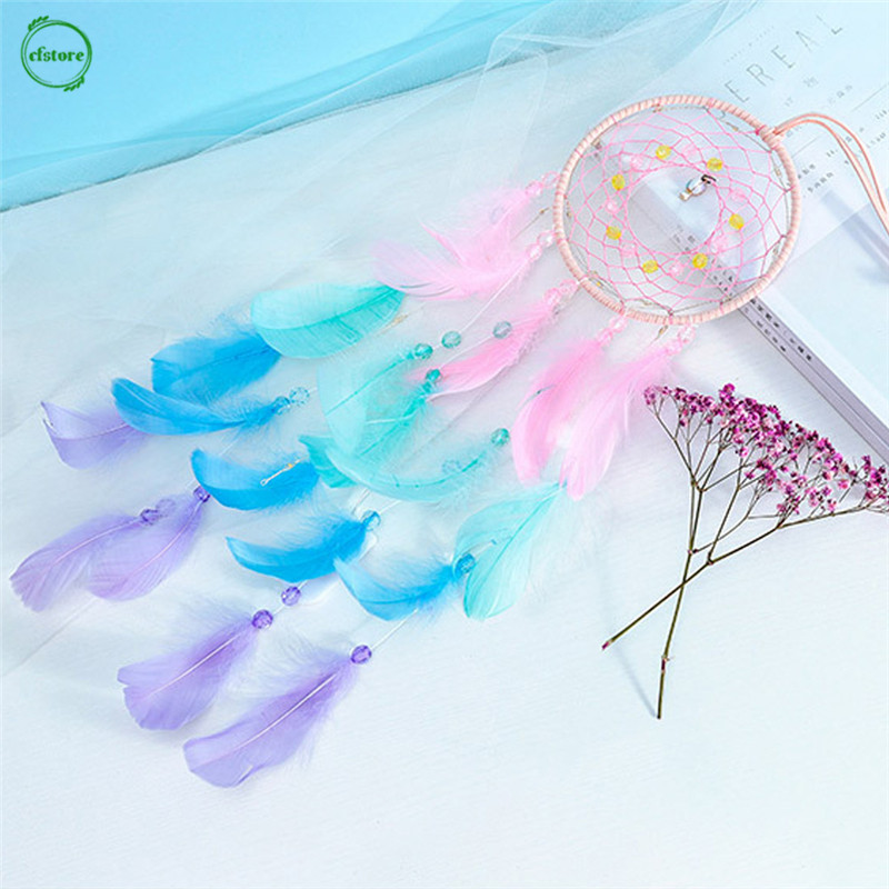Dreamcatcher treo tường gắn lông vũ có đèn led trang trí nhà cửa