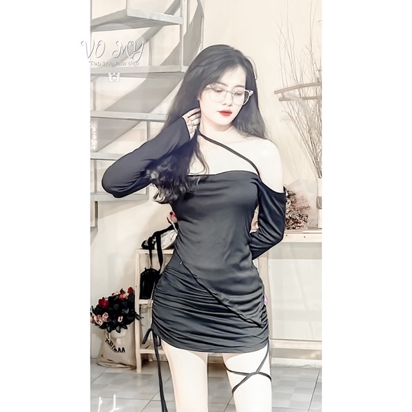 Set áo tay dài chéo dây phối chân váy rút