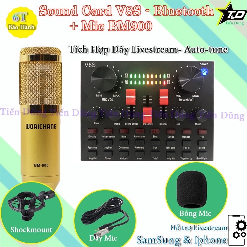 Combo livetream sound card v8s mic bm900 tặng tài nghe nhé tai loại tốt