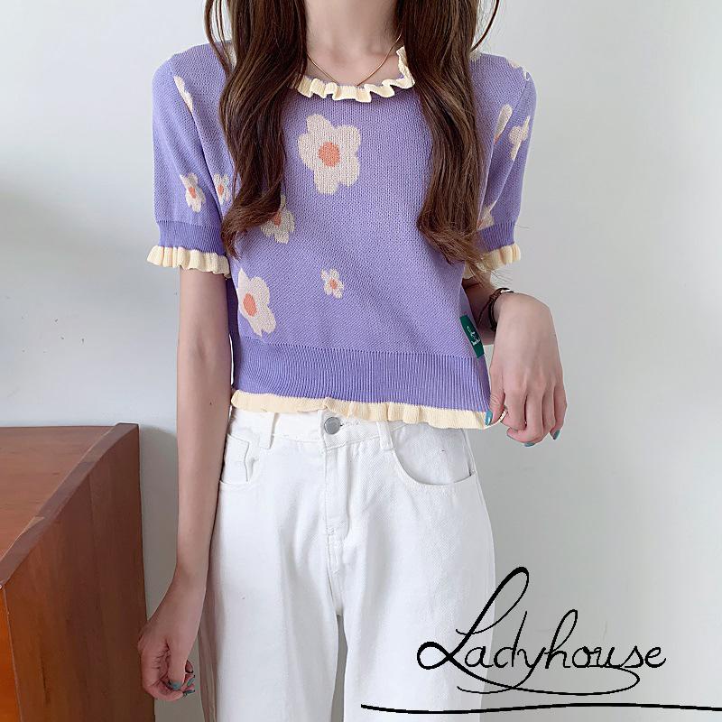 Áo Thun Dệt Kim Tay Ngắn Cổ Tròn Viền Bèo In Họa Tiết Hoa Thời Trang Mùa Hè Xinh Xắn Cho Nữ