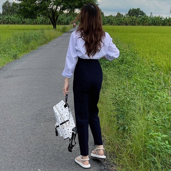 Quần tây nữ lưng cao đi học làm công sở ống đứng suông dài màu Đen dáng quần vải baggy cạp cao nữ công sở học sinh