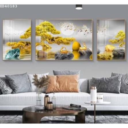 T36 Tranh Tráng gương Treo Tường Phòng Khách Cây Kìm Tiền và Tài Lộc Vàng Quý Quà Tết Decro Phòng Ngủ/ Thờ