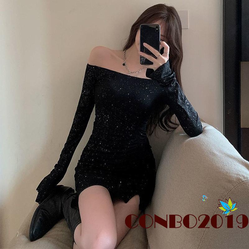 Hgm-đầm Ôm Dáng Tay Dài Hở Vai Xẻ Tà Đính Đá Màu Đen Trang Trí Dành Cho Nữ