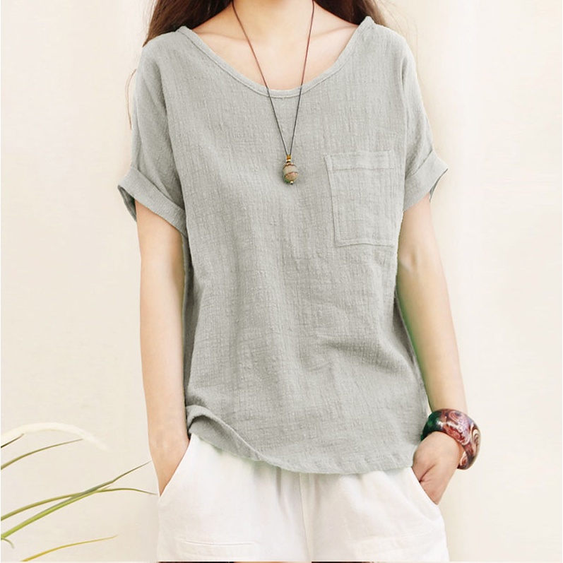 Áo Sơ Mi Nữ Vải Lanh Cotton Dáng Rộng Tay Ngắn Cổ Tròn Màu Trơn Cỡ Lớn 5XL Thời Trang Mùa Hè