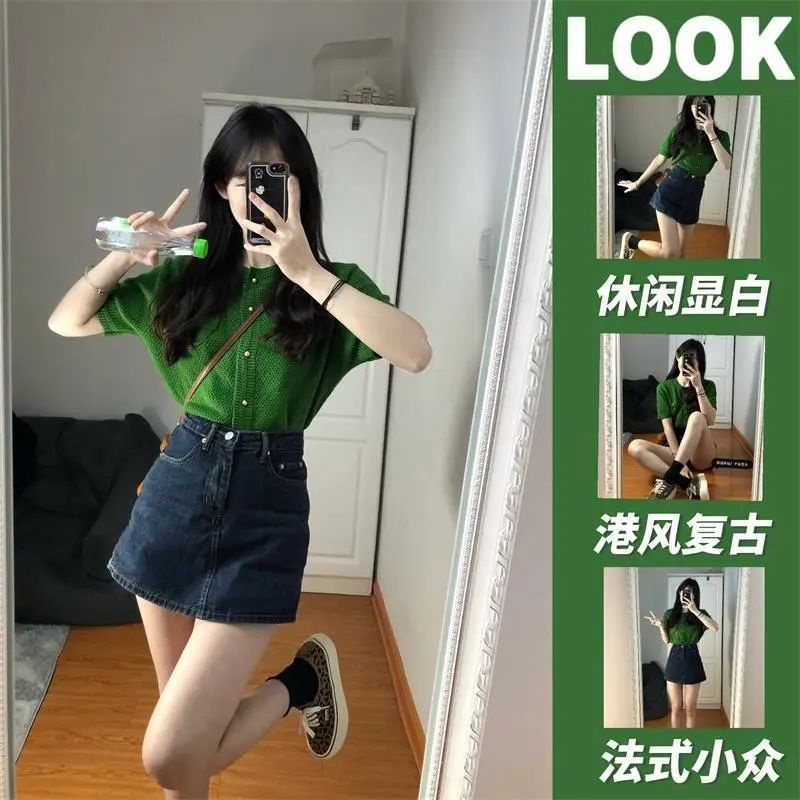 Bộ Áo Dệt Kim Ngắn Tay + Chân váy jean Lưng Cao Thời Trang Dành Cho Nữ 2530