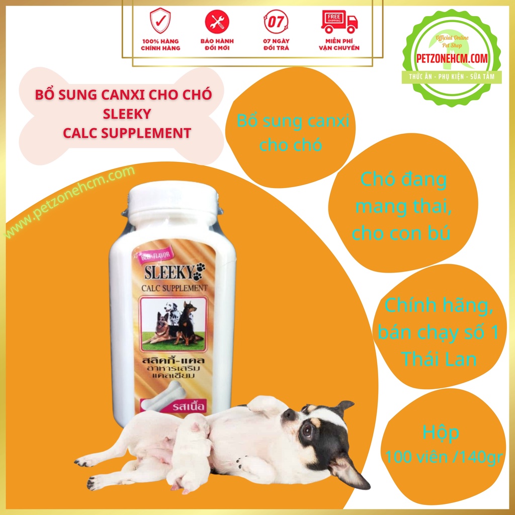Hộp Canxi cho chó mèo Sleeky Calc Supplement 140g ⚜️ FREESHIP ⚜️ vị thịt bò hộp 100 viên sản xuất tại Thái Lan