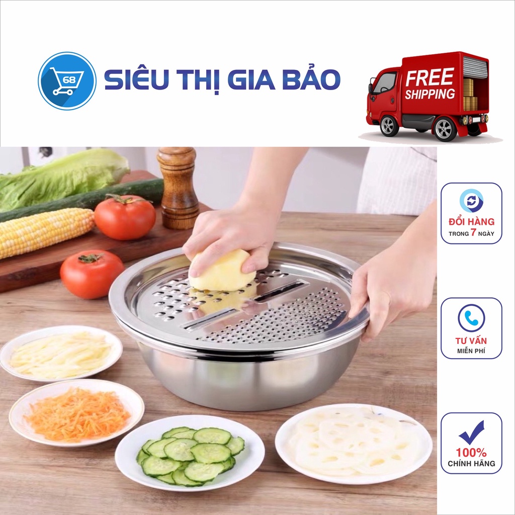 Rổ nạo rau củ kiêm rổ và chậu inox cao cấp đa năng,tiện lợi dùng nhà bếp