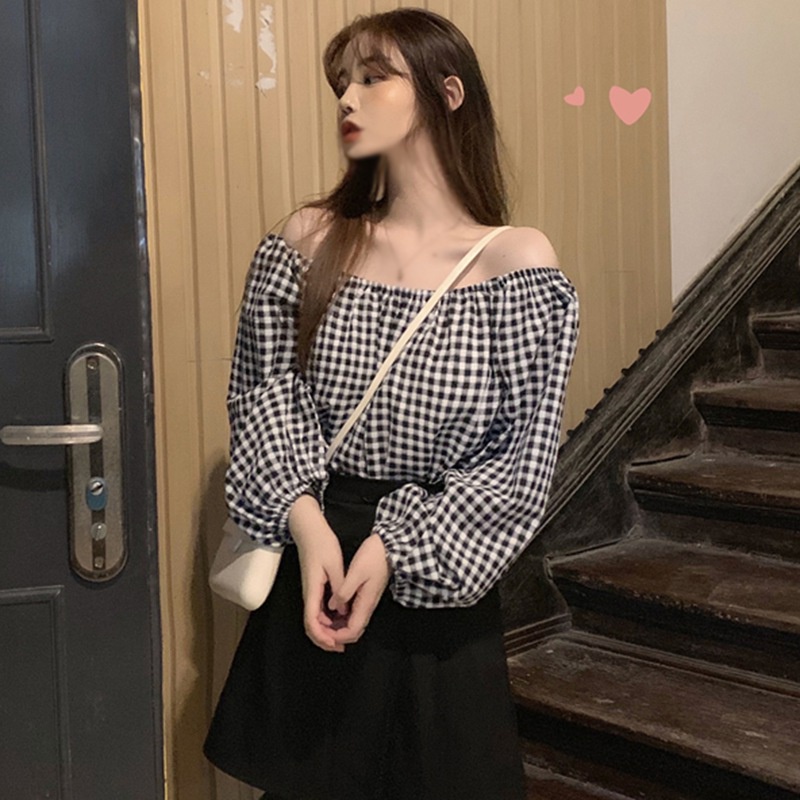 Áo Sơ Mi Chiffon Tay Dài Hở Vai Dáng Rộng Họa Tiết Sọc Caro Phong Cách Hàn Quốc Ngọt Ngào Cho Nữ